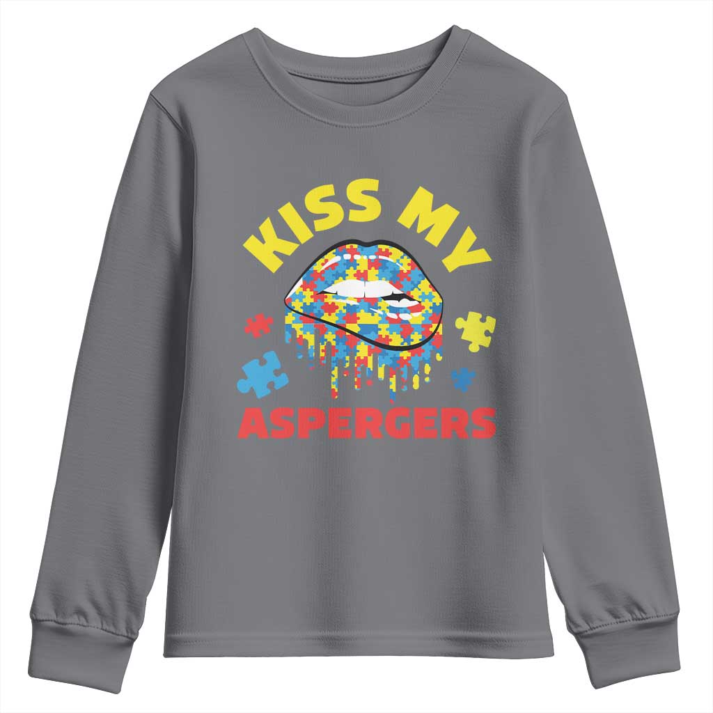 Funny Kiss My Aspergers Youth Sweatshirt Asperger Syndrome Autism Support Puzzle Lips