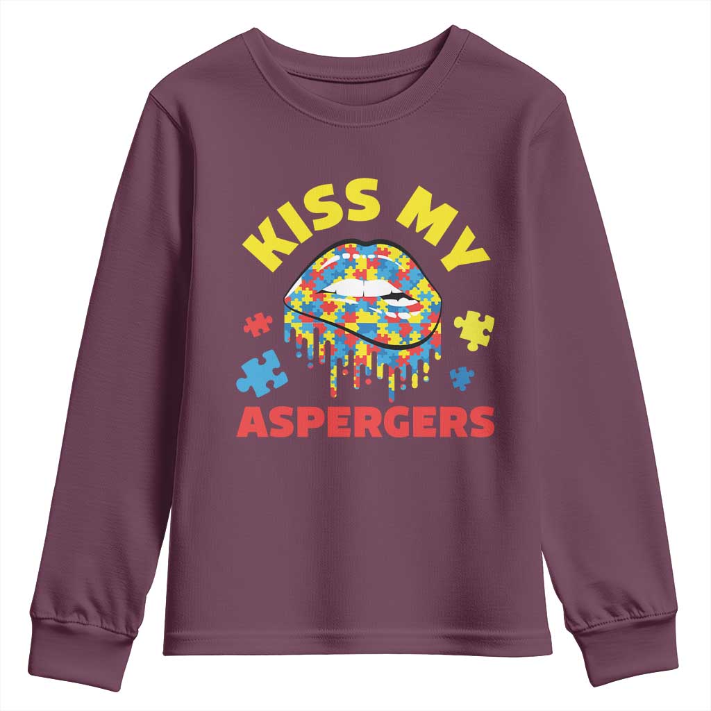 Funny Kiss My Aspergers Youth Sweatshirt Asperger Syndrome Autism Support Puzzle Lips