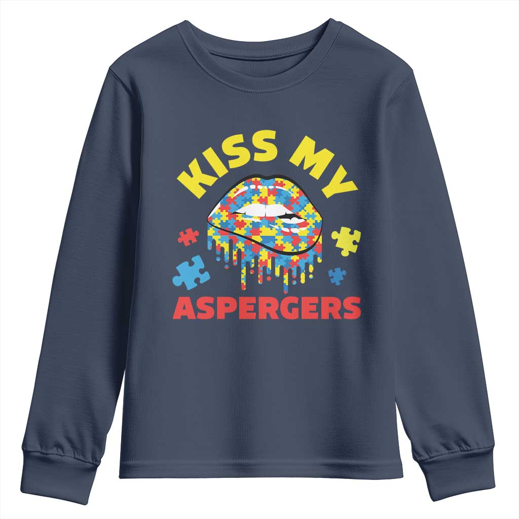 Funny Kiss My Aspergers Youth Sweatshirt Asperger Syndrome Autism Support Puzzle Lips