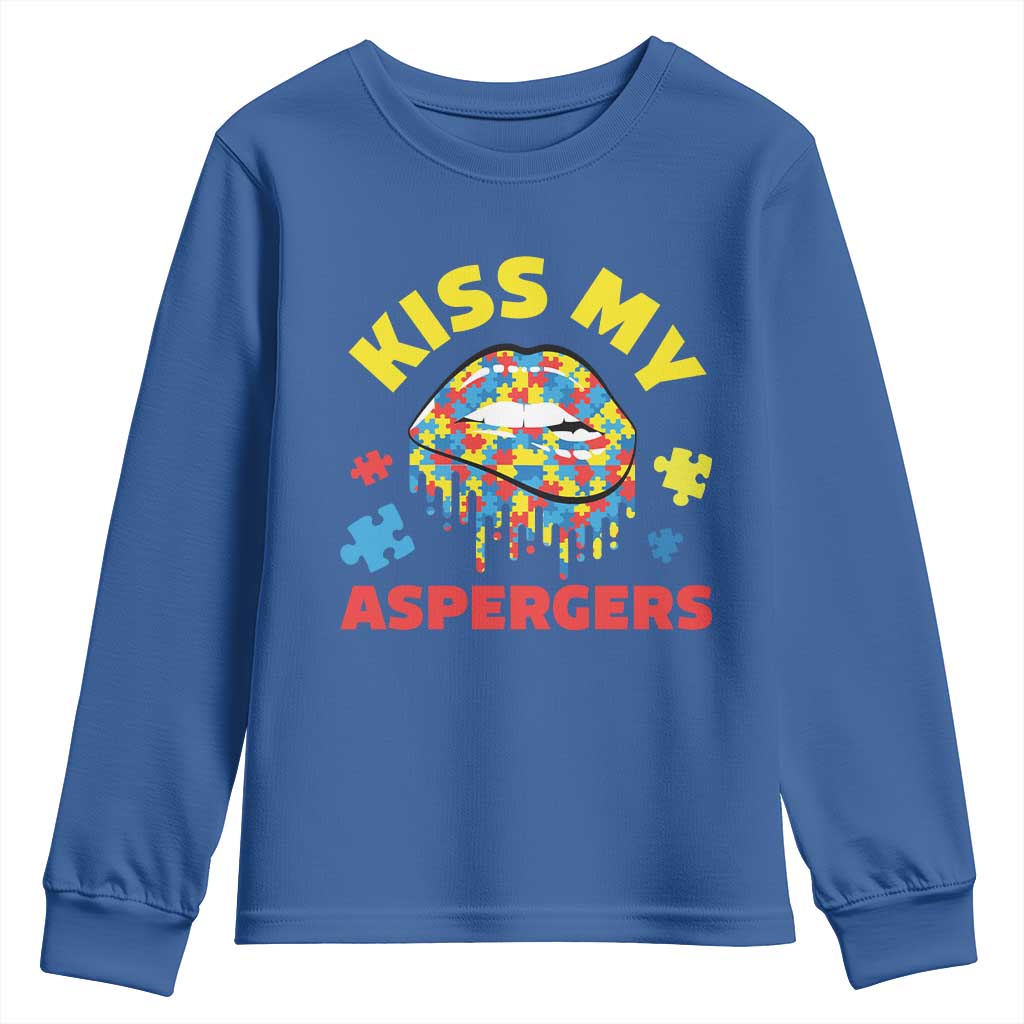 Funny Kiss My Aspergers Youth Sweatshirt Asperger Syndrome Autism Support Puzzle Lips
