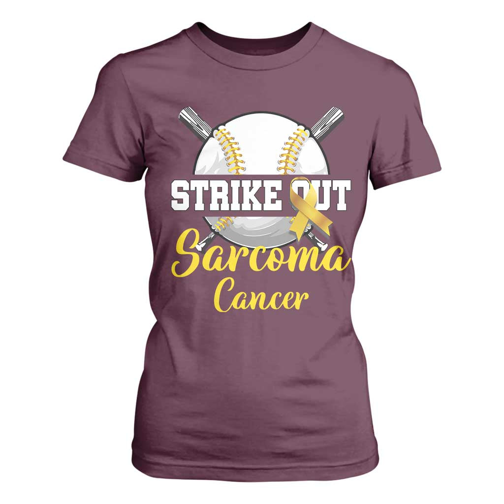 Strike Out Sarcoma Cancer T Shirt For Women Baseball Fight Support Yellow Ribbon