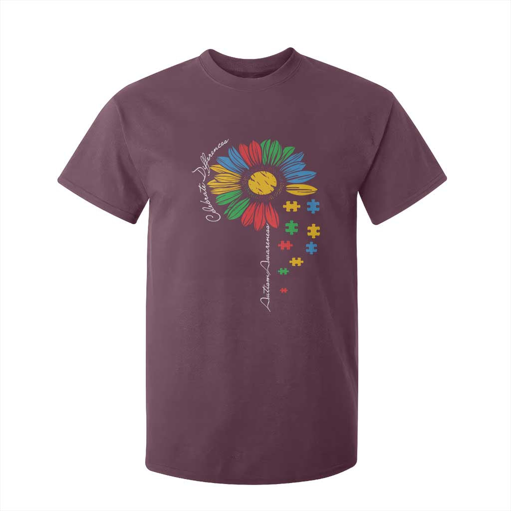 Autism Support Celebrate Differences T Shirt For Kid Sunflower Puzzle Pieces