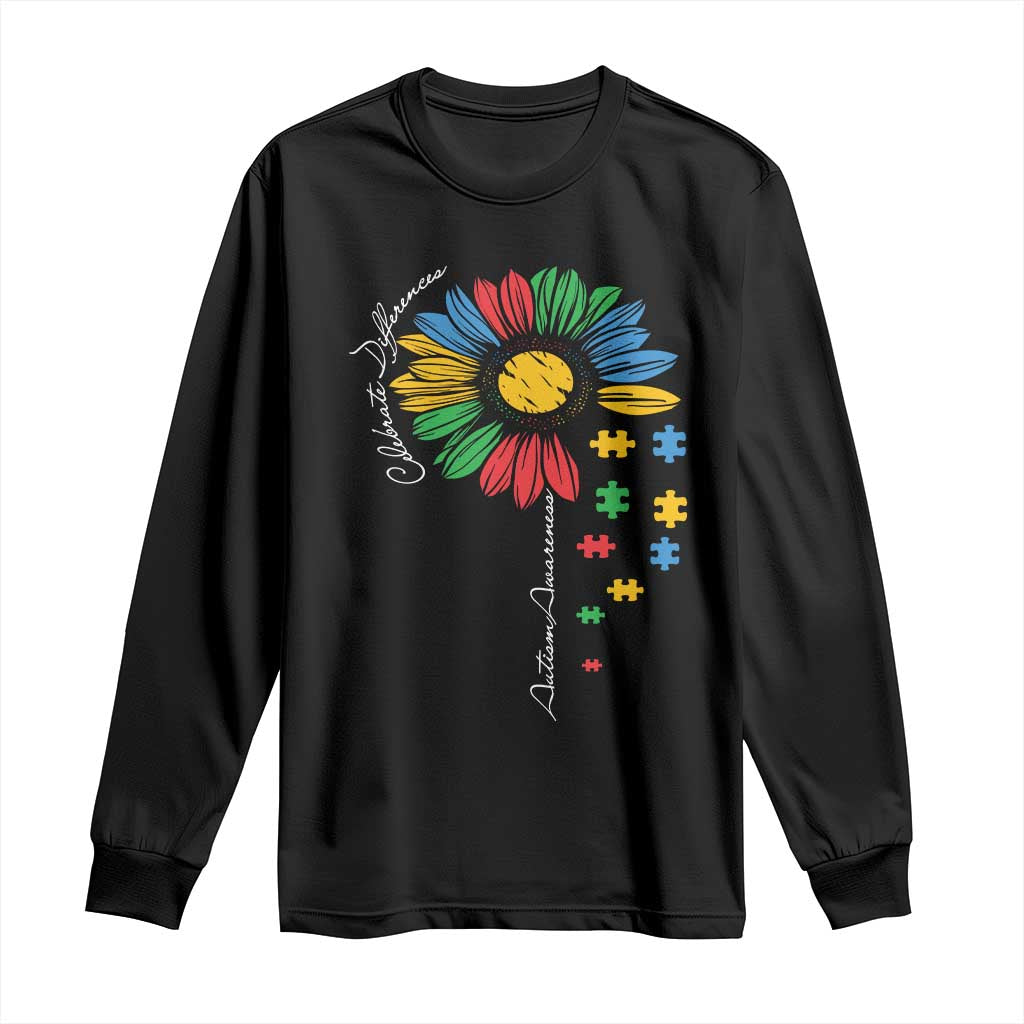 Autism Support Celebrate Differences Long Sleeve Shirt Sunflower Puzzle Pieces