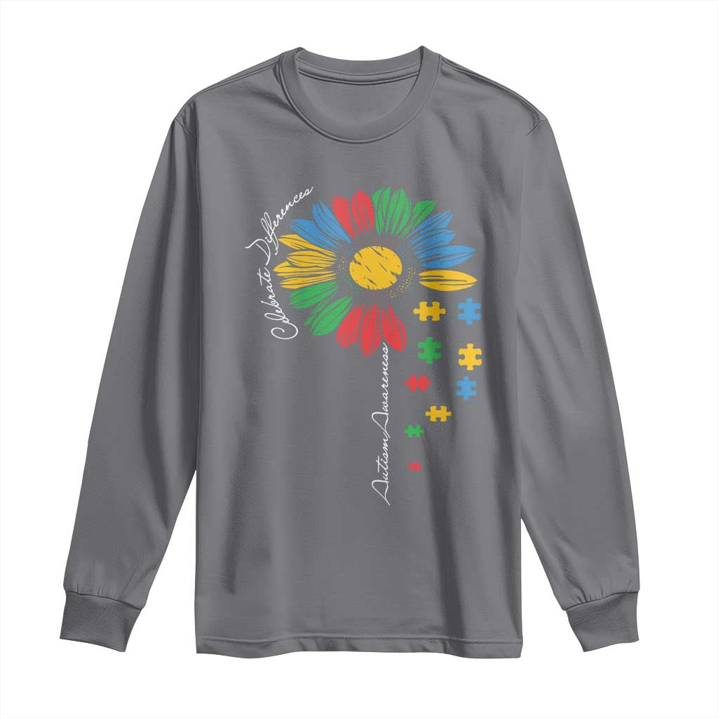 Autism Support Celebrate Differences Long Sleeve Shirt Sunflower Puzzle Pieces
