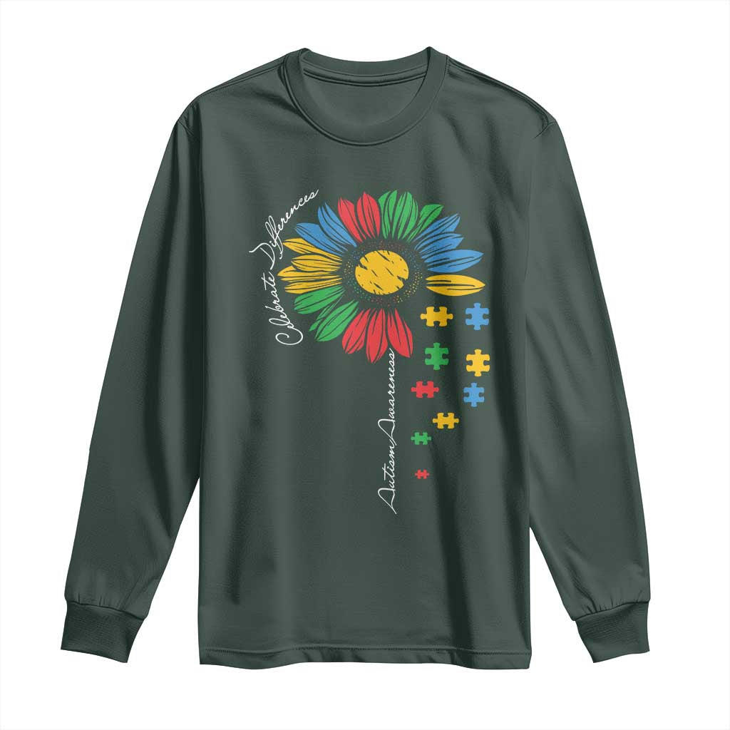 Autism Support Celebrate Differences Long Sleeve Shirt Sunflower Puzzle Pieces