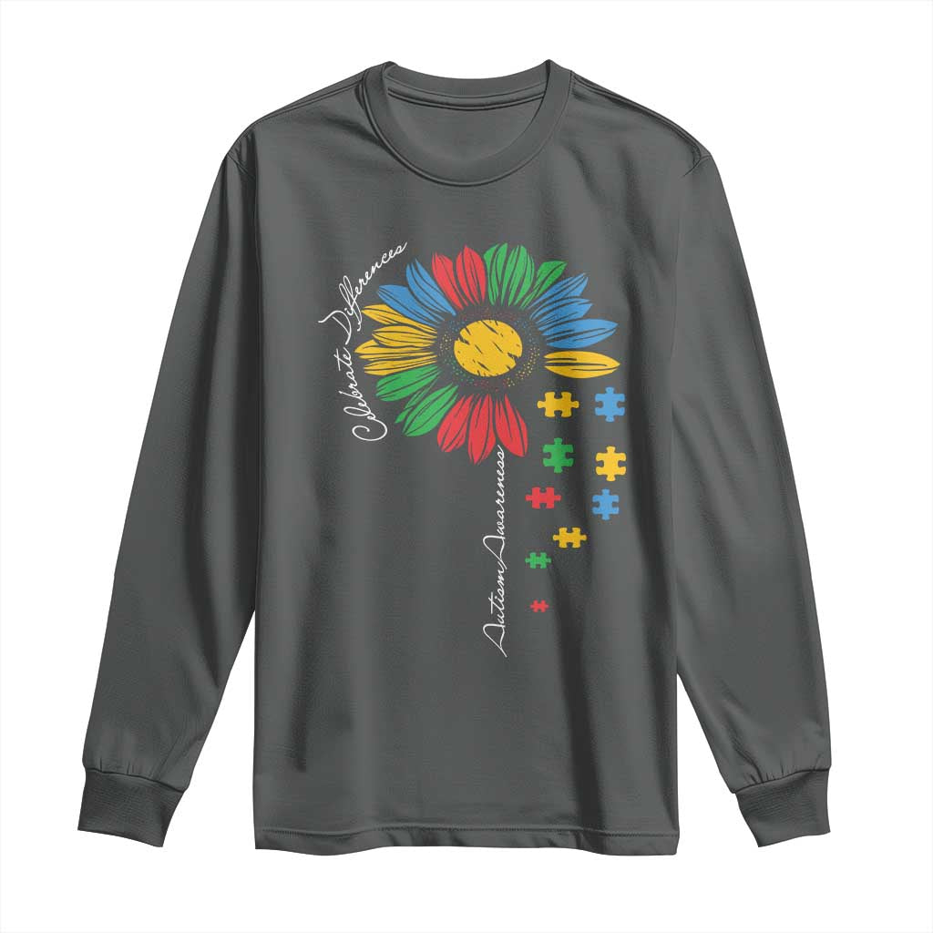 Autism Support Celebrate Differences Long Sleeve Shirt Sunflower Puzzle Pieces