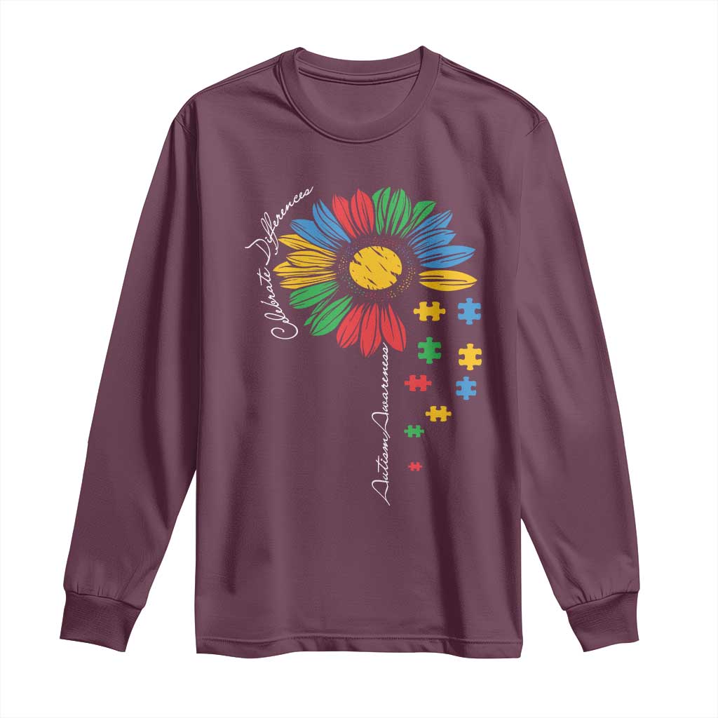 Autism Support Celebrate Differences Long Sleeve Shirt Sunflower Puzzle Pieces