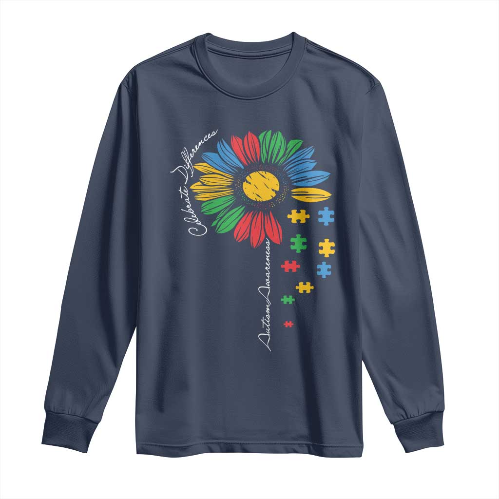 Autism Support Celebrate Differences Long Sleeve Shirt Sunflower Puzzle Pieces