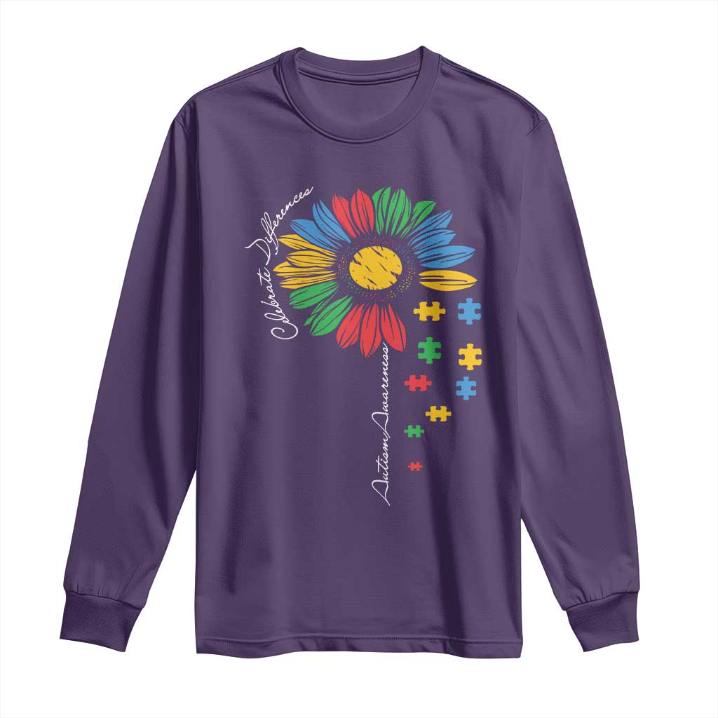 Autism Support Celebrate Differences Long Sleeve Shirt Sunflower Puzzle Pieces