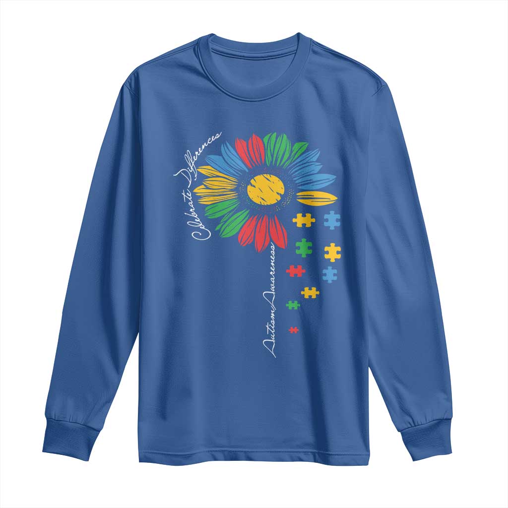 Autism Support Celebrate Differences Long Sleeve Shirt Sunflower Puzzle Pieces