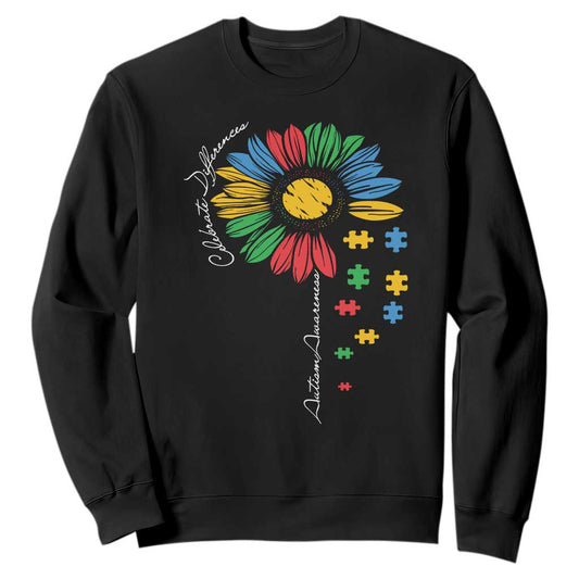 Autism Support Celebrate Differences Sweatshirt Sunflower Puzzle Pieces