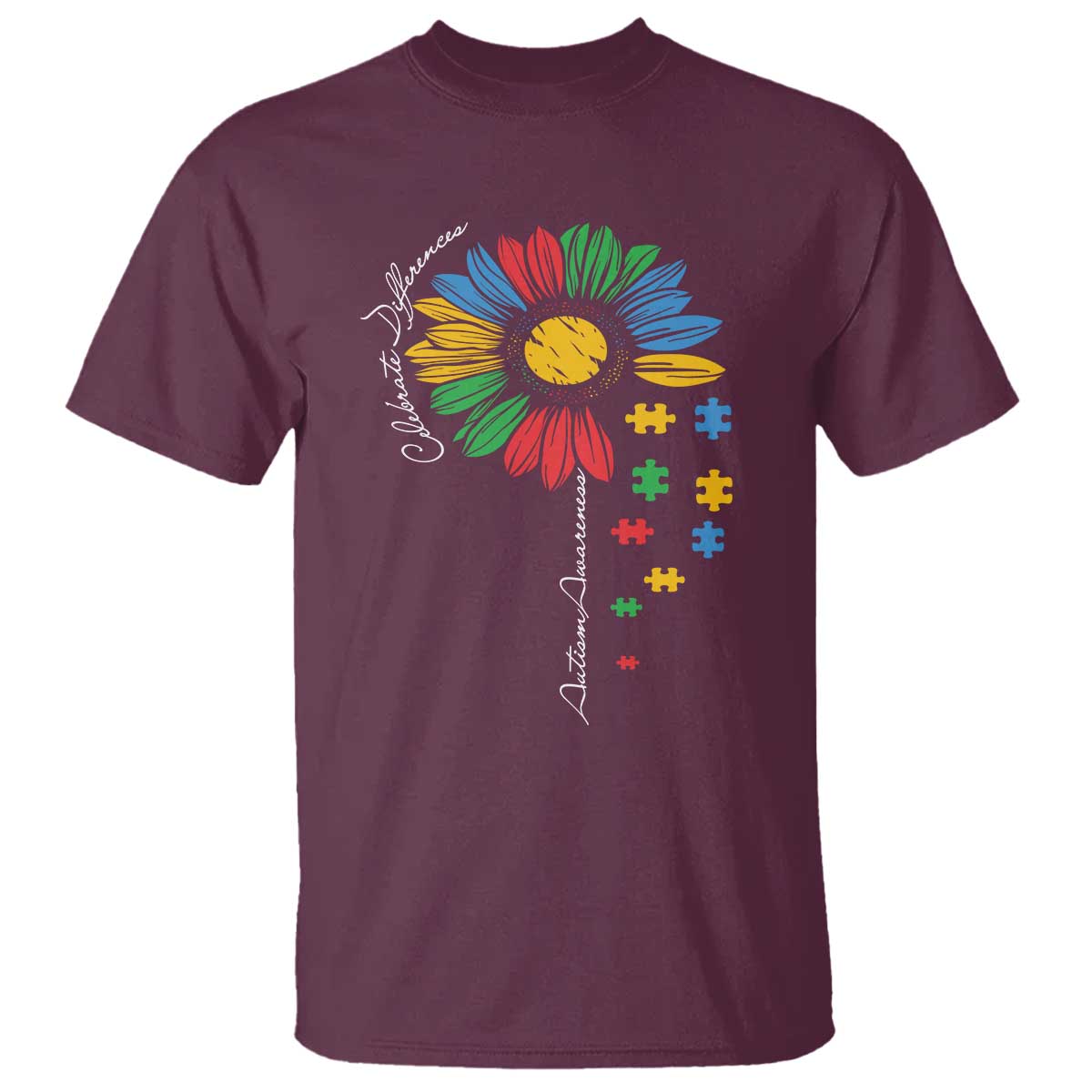 Autism Support Celebrate Differences T Shirt Sunflower Puzzle Pieces