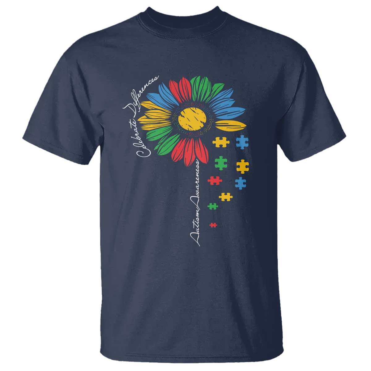 Autism Support Celebrate Differences T Shirt Sunflower Puzzle Pieces