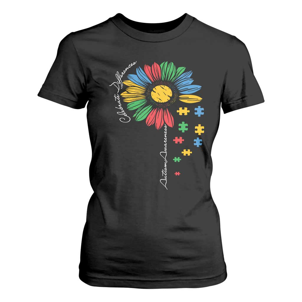 Autism Support Celebrate Differences T Shirt For Women Sunflower Puzzle Pieces