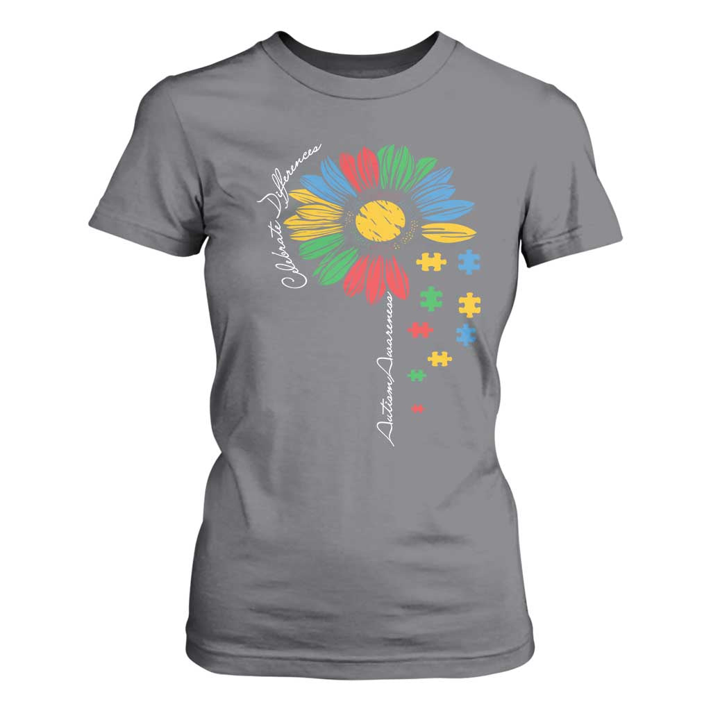 Autism Support Celebrate Differences T Shirt For Women Sunflower Puzzle Pieces