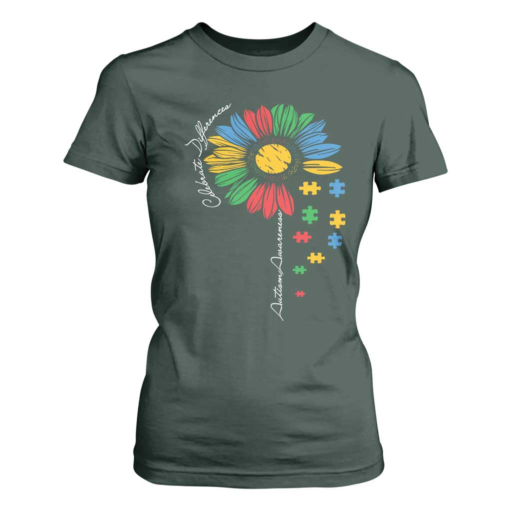 Autism Support Celebrate Differences T Shirt For Women Sunflower Puzzle Pieces