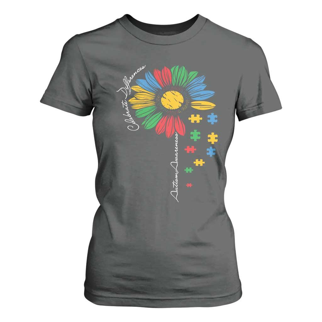 Autism Support Celebrate Differences T Shirt For Women Sunflower Puzzle Pieces