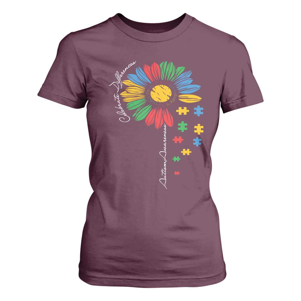 Autism Support Celebrate Differences T Shirt For Women Sunflower Puzzle Pieces
