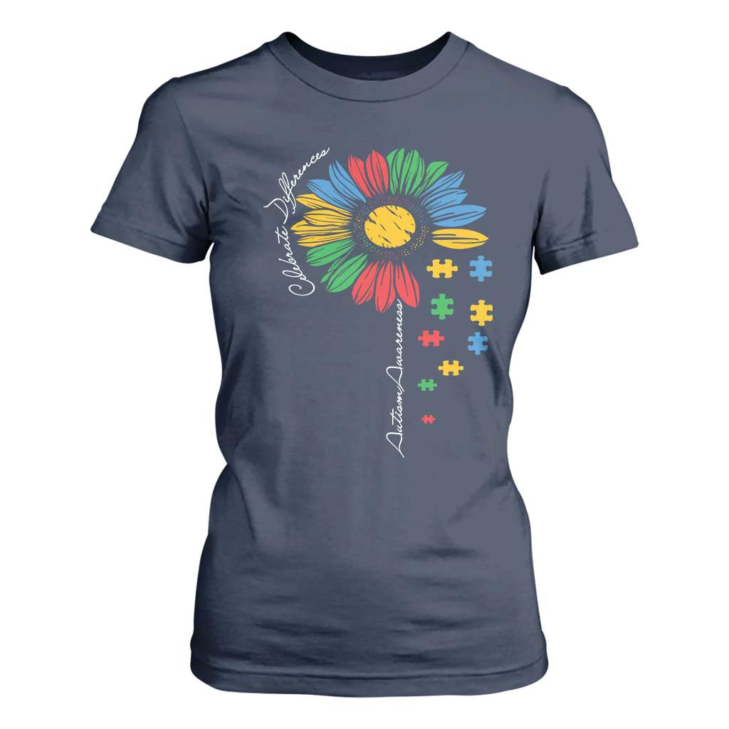 Autism Support Celebrate Differences T Shirt For Women Sunflower Puzzle Pieces