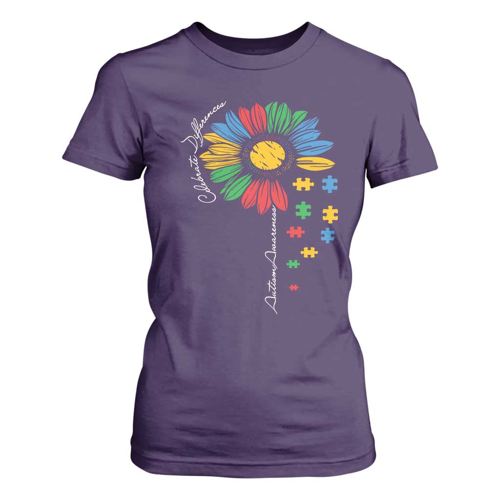 Autism Support Celebrate Differences T Shirt For Women Sunflower Puzzle Pieces
