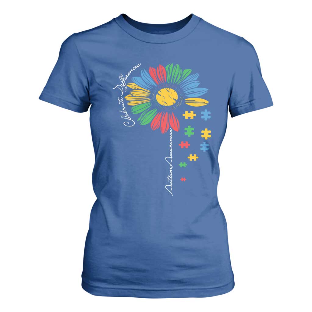 Autism Support Celebrate Differences T Shirt For Women Sunflower Puzzle Pieces