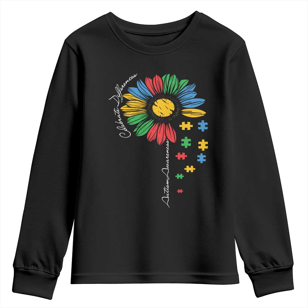 Autism Support Celebrate Differences Youth Sweatshirt Sunflower Puzzle Pieces