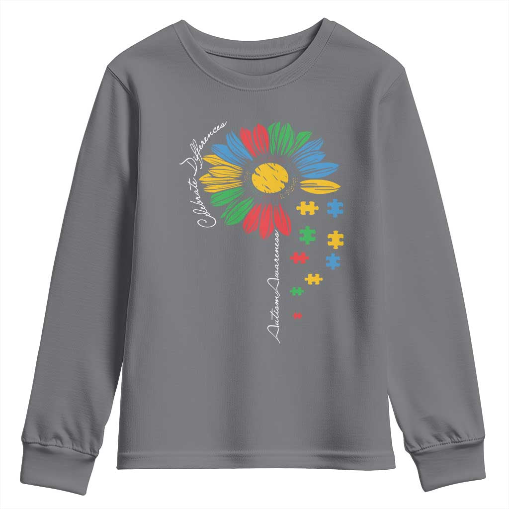 Autism Support Celebrate Differences Youth Sweatshirt Sunflower Puzzle Pieces