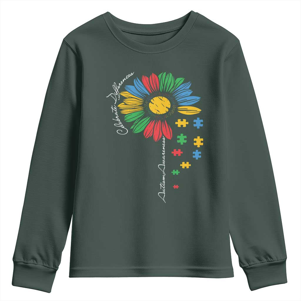 Autism Support Celebrate Differences Youth Sweatshirt Sunflower Puzzle Pieces