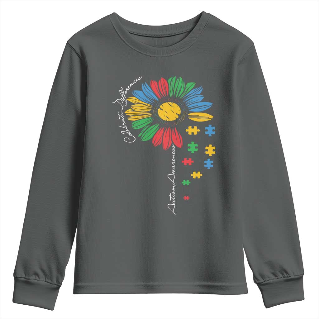 Autism Support Celebrate Differences Youth Sweatshirt Sunflower Puzzle Pieces