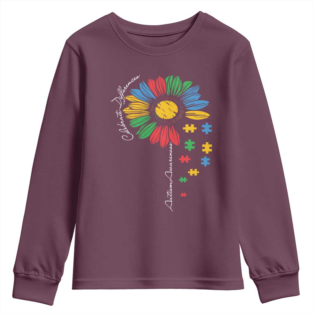 Autism Support Celebrate Differences Youth Sweatshirt Sunflower Puzzle Pieces