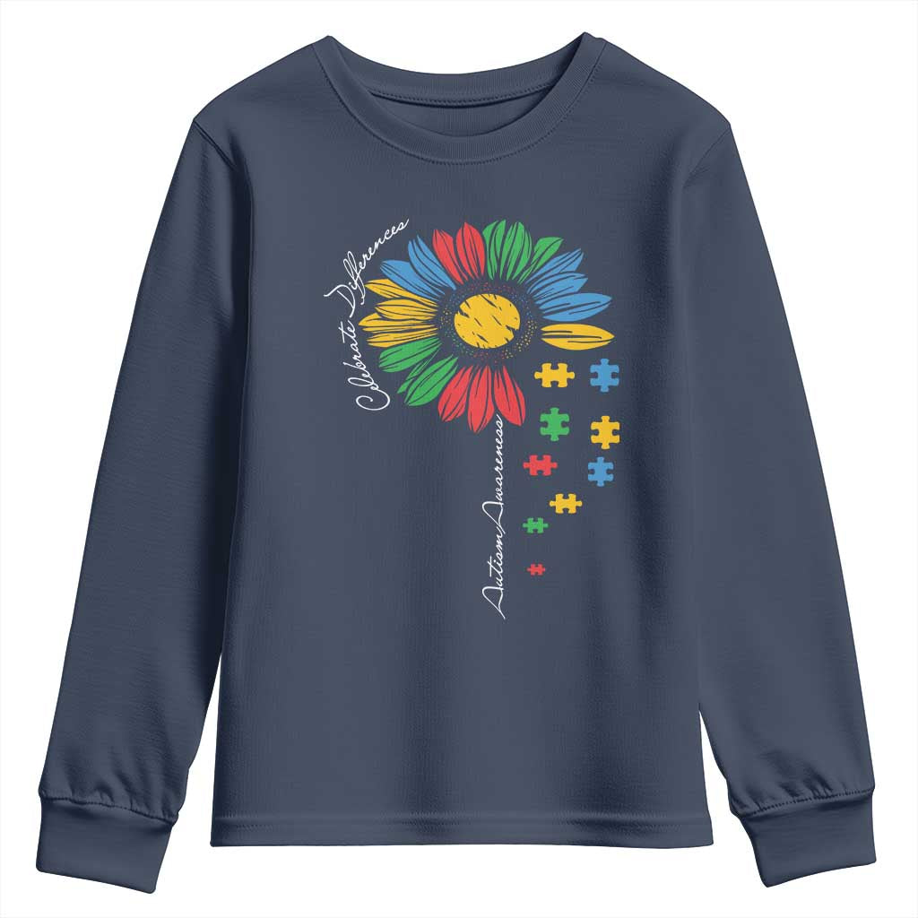 Autism Support Celebrate Differences Youth Sweatshirt Sunflower Puzzle Pieces