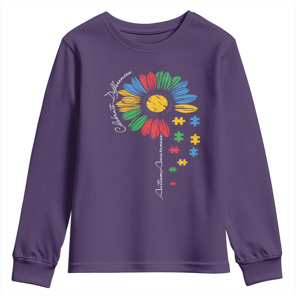 Autism Support Celebrate Differences Youth Sweatshirt Sunflower Puzzle Pieces