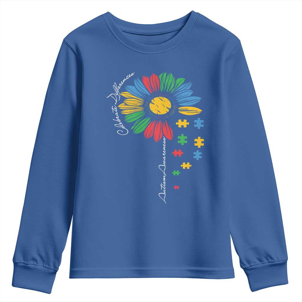 Autism Support Celebrate Differences Youth Sweatshirt Sunflower Puzzle Pieces
