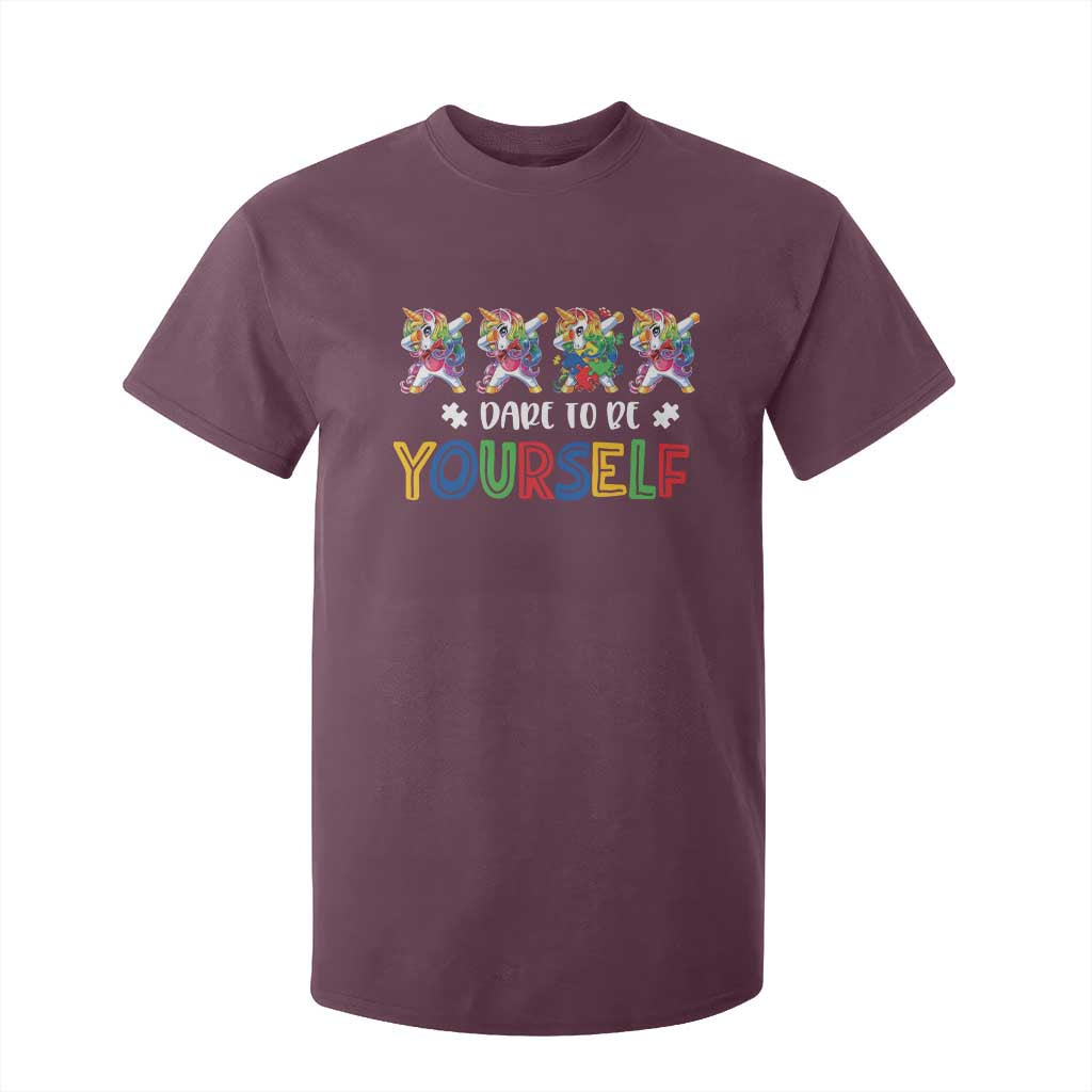 Funny Autism Support Dare To Be Yourself T Shirt For Kid Dabbing Unicorn