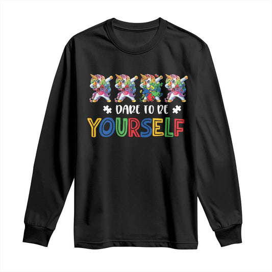 Funny Autism Support Dare To Be Yourself Long Sleeve Shirt Dabbing Unicorn