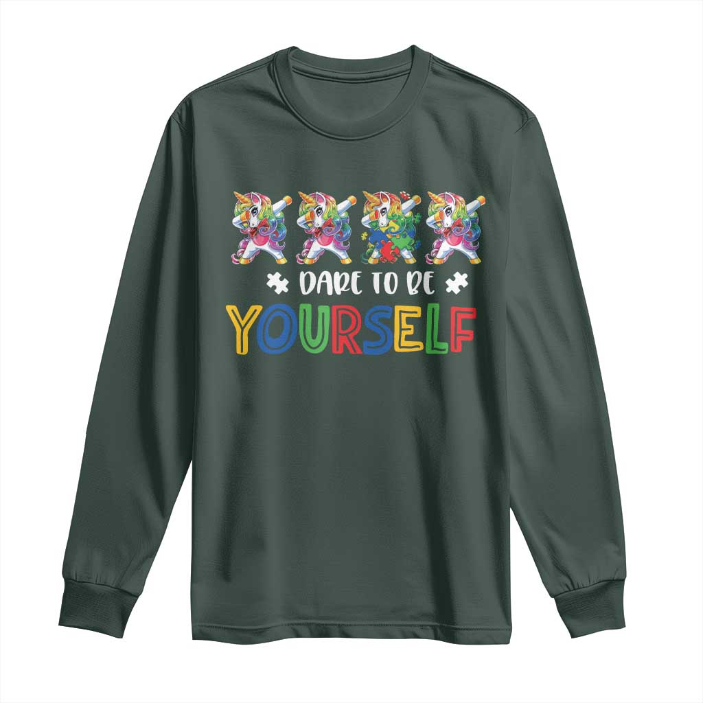 Funny Autism Support Dare To Be Yourself Long Sleeve Shirt Dabbing Unicorn