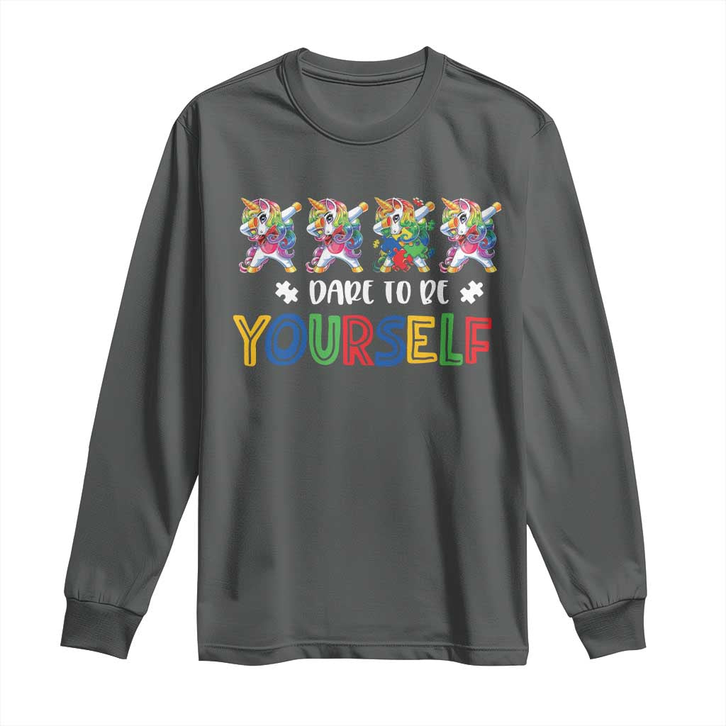 Funny Autism Support Dare To Be Yourself Long Sleeve Shirt Dabbing Unicorn