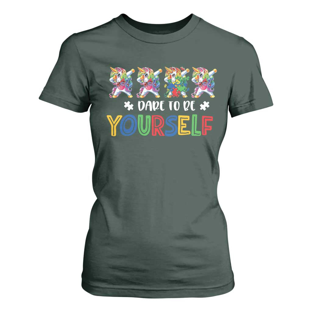 Funny Autism Support Dare To Be Yourself T Shirt For Women Dabbing Unicorn