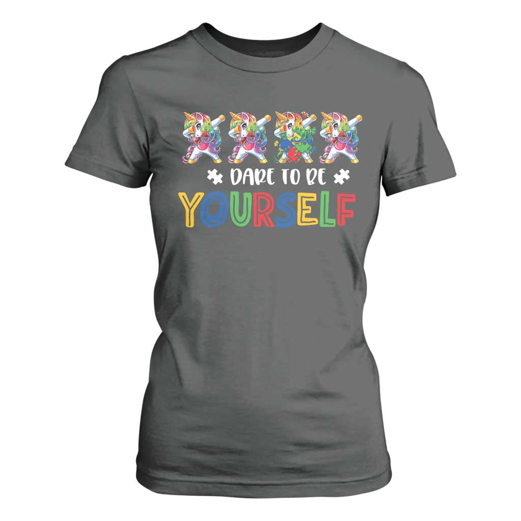Funny Autism Support Dare To Be Yourself T Shirt For Women Dabbing Unicorn