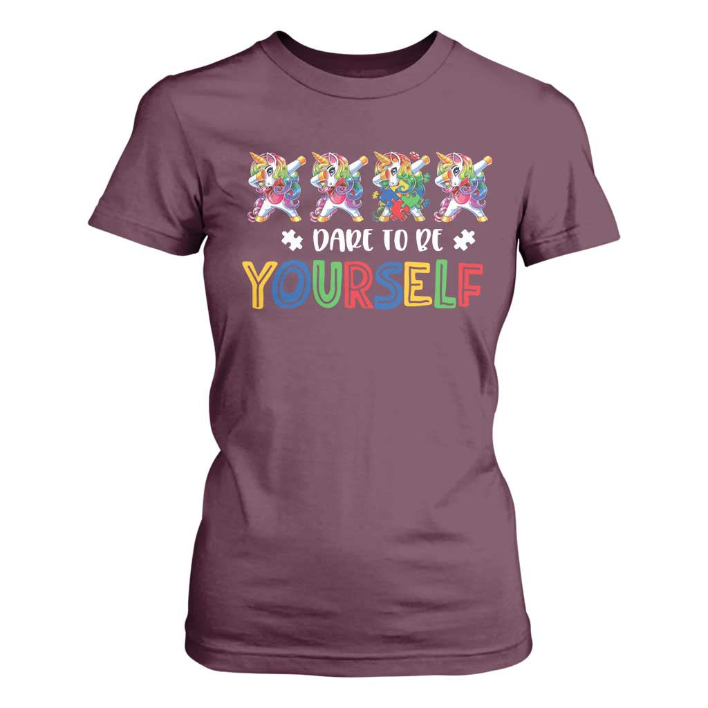 Funny Autism Support Dare To Be Yourself T Shirt For Women Dabbing Unicorn
