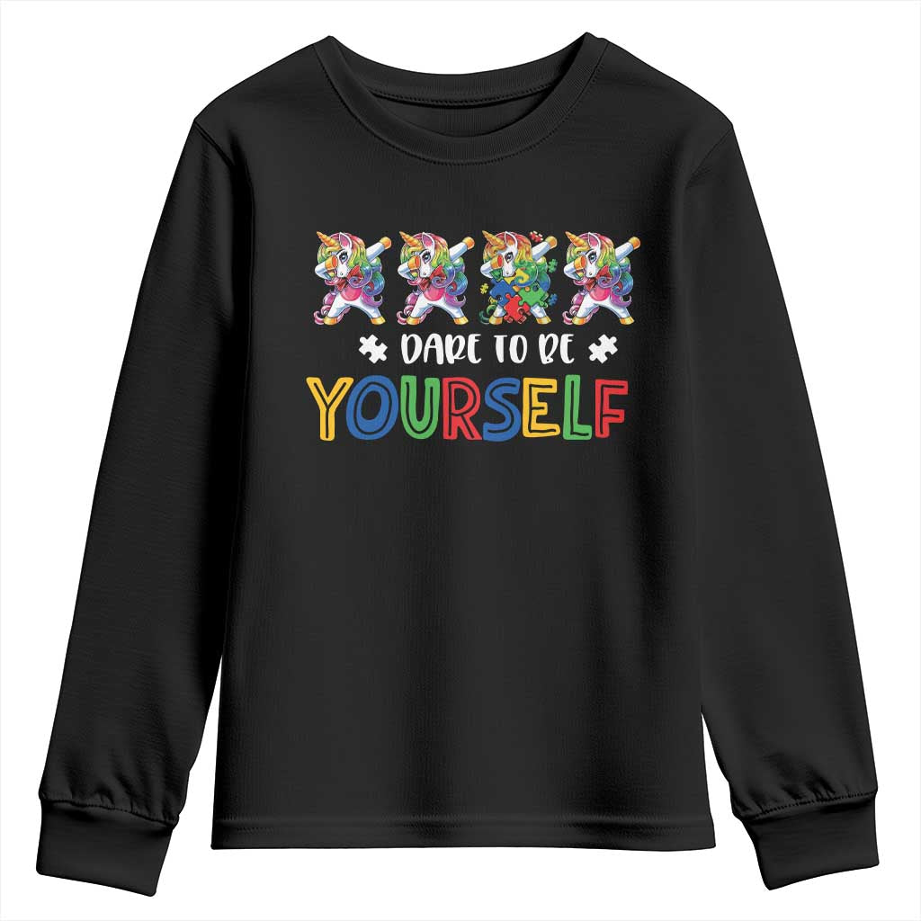 Funny Autism Support Dare To Be Yourself Youth Sweatshirt Dabbing Unicorn