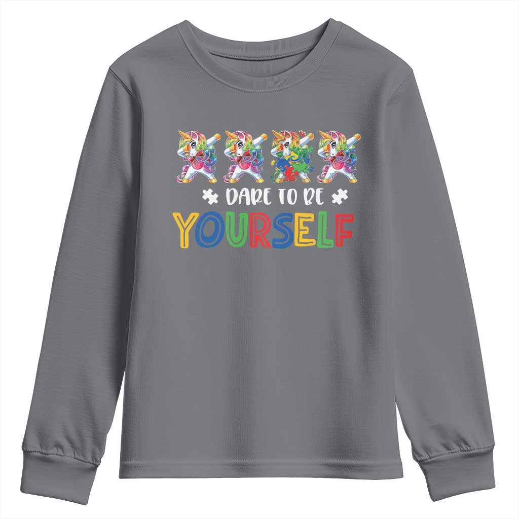 Funny Autism Support Dare To Be Yourself Youth Sweatshirt Dabbing Unicorn