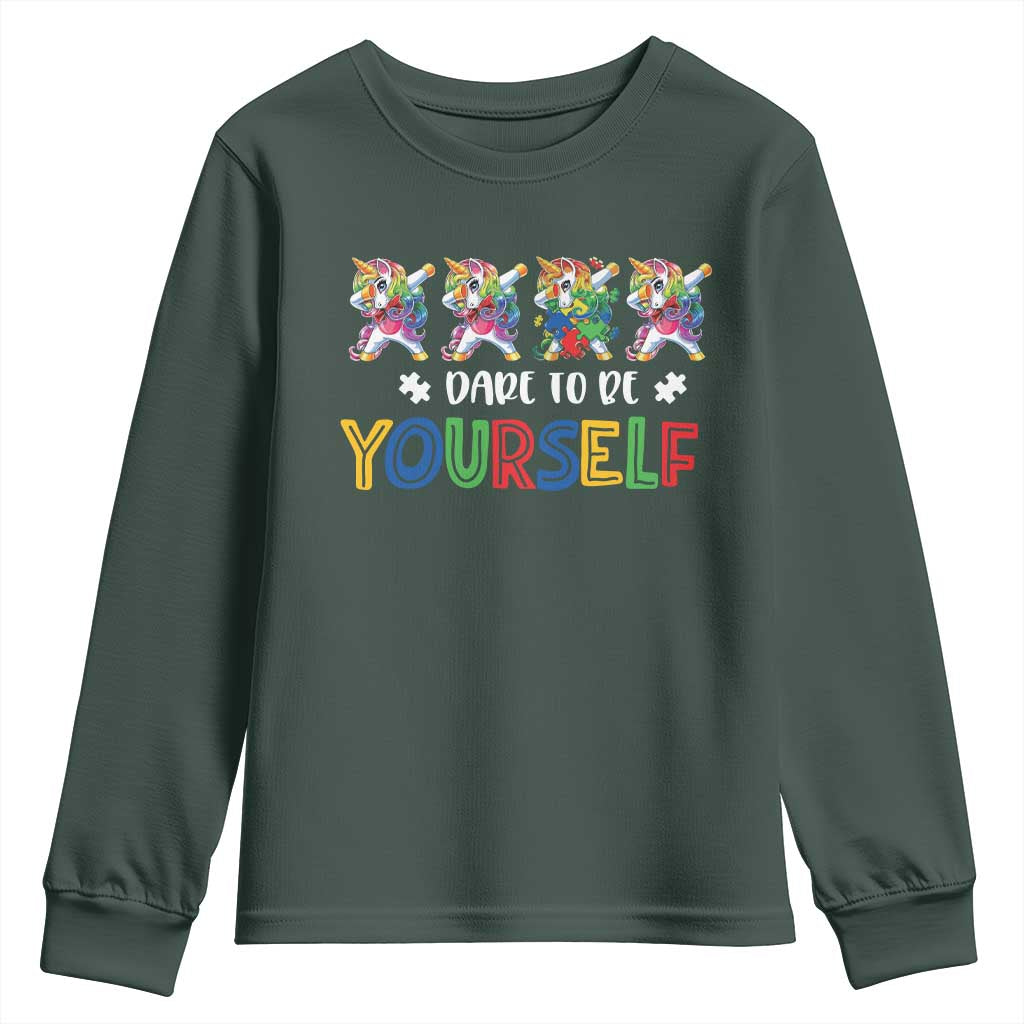 Funny Autism Support Dare To Be Yourself Youth Sweatshirt Dabbing Unicorn
