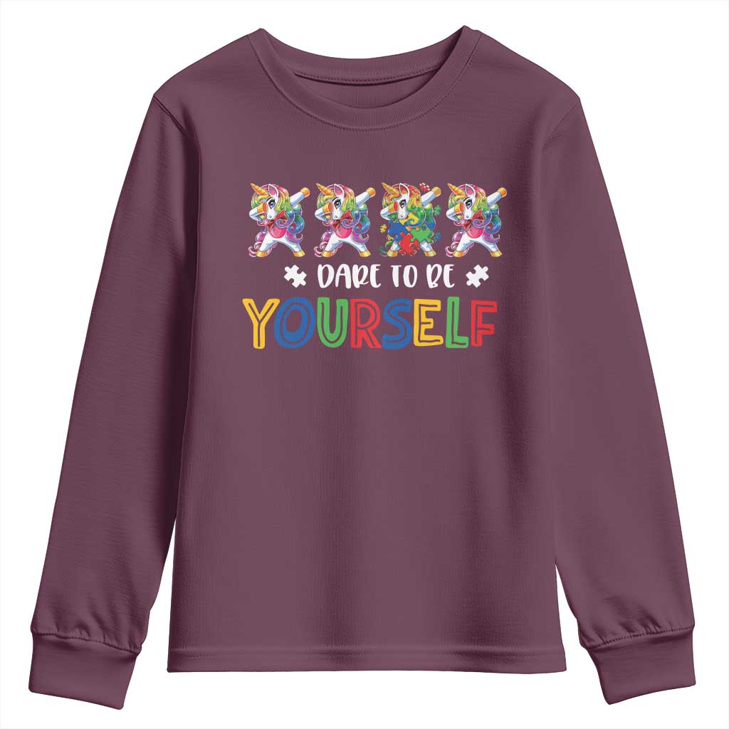 Funny Autism Support Dare To Be Yourself Youth Sweatshirt Dabbing Unicorn