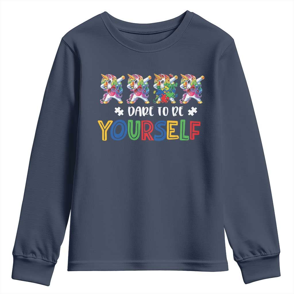 Funny Autism Support Dare To Be Yourself Youth Sweatshirt Dabbing Unicorn