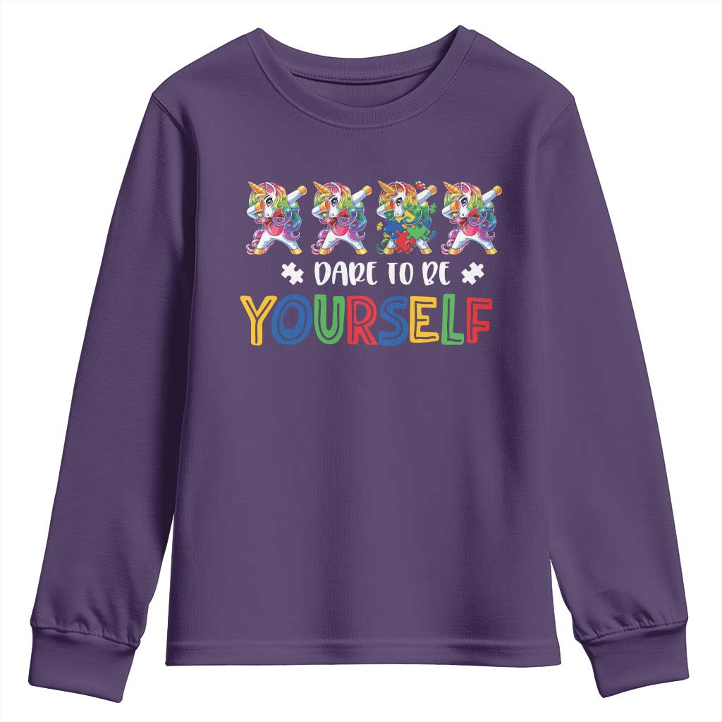 Funny Autism Support Dare To Be Yourself Youth Sweatshirt Dabbing Unicorn
