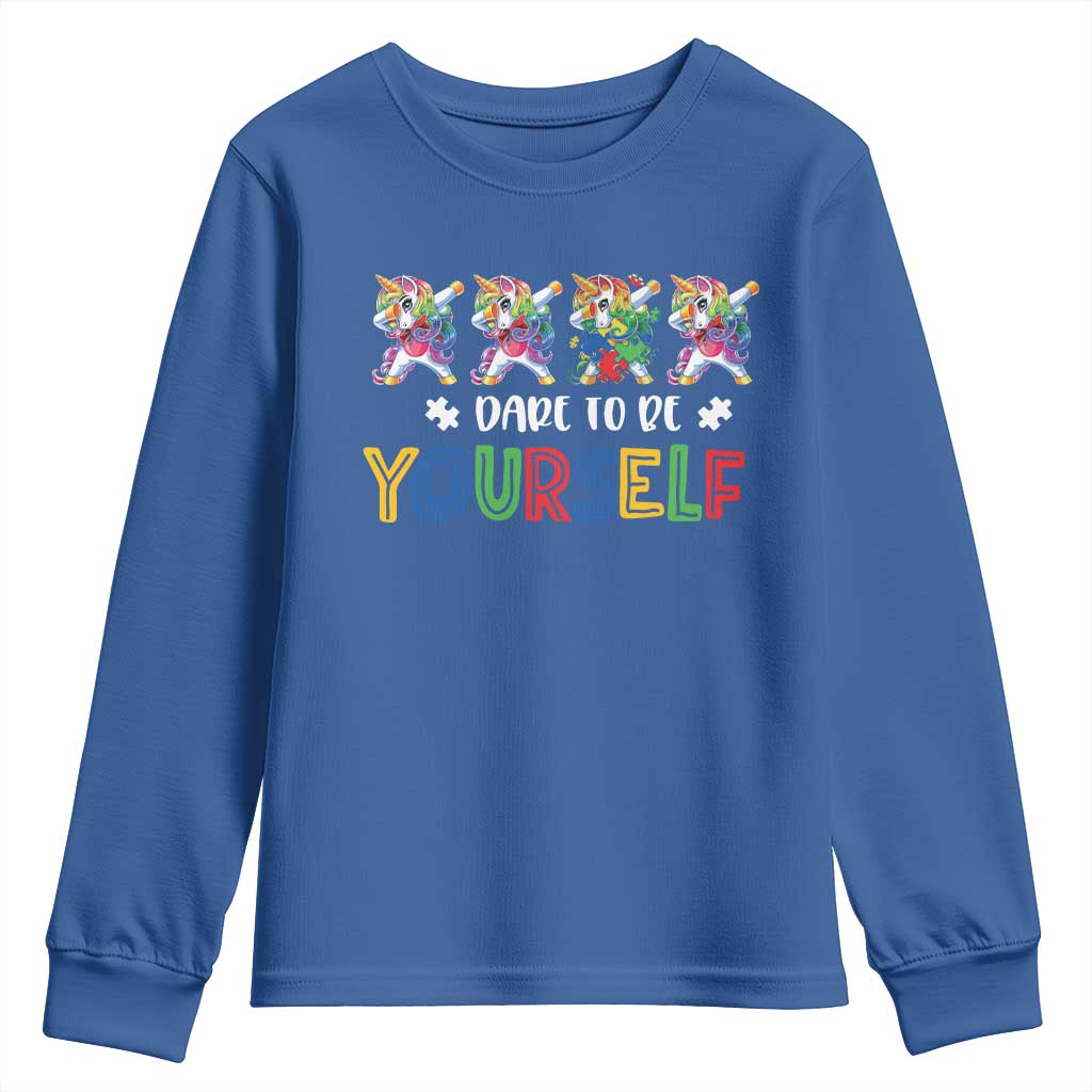 Funny Autism Support Dare To Be Yourself Youth Sweatshirt Dabbing Unicorn