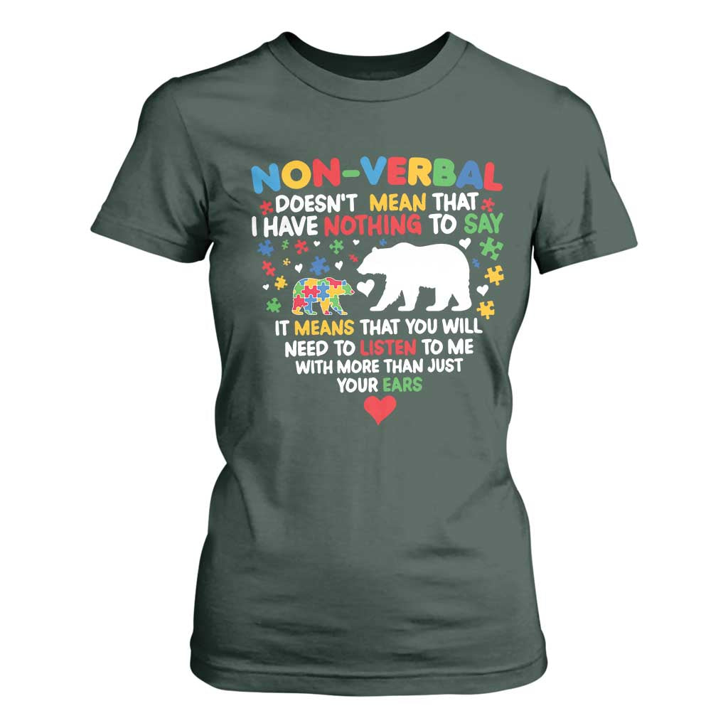 Autism Support T Shirt For Women Non Verbal Doesn't Mean That I Have Nothing To Say Puzzle Bear