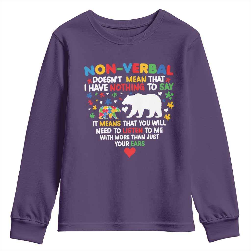 Autism Support Youth Sweatshirt Non Verbal Doesn't Mean That I Have Nothing To Say Puzzle Bear