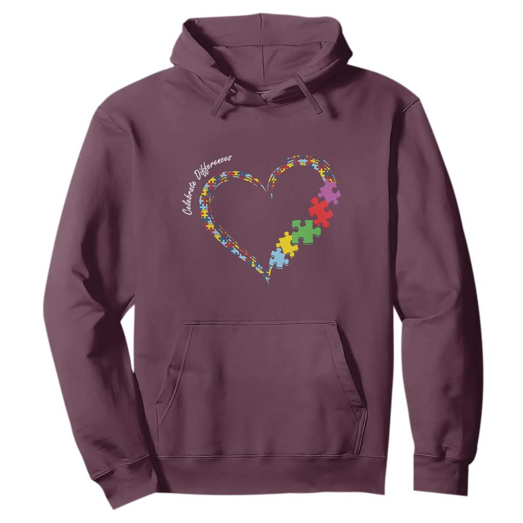 Autism Support Celebrate Differences Hoodie Love Heart Puzzle Pieces